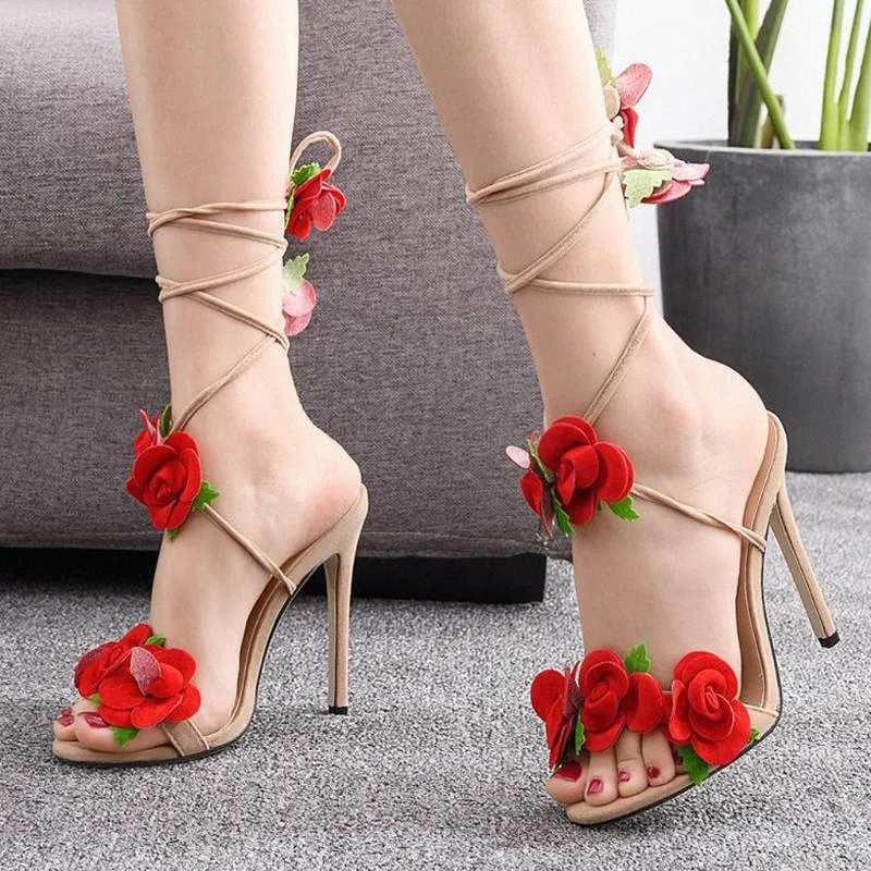 Hot sale-Summer Thick High Heels Sandals Women With Rose Decoration Lace Up Dressing Pumps Sexy Party Shoes Woman Fashion Design G3 Y5k7#