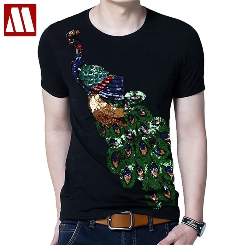 Summer Elegant T-shirt Men's Peacock Sequined Sequins T shirts Men Fashion Cotton Tops Tee Shirt Male Sakura Clothes 210714