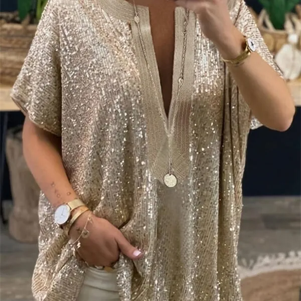 Mulheres manga curta lantejoulas t camisa de verão top femme t-shirt senhoras camisas roupas sexy v pescoço 2021 solta casual prata cor ouro x0628