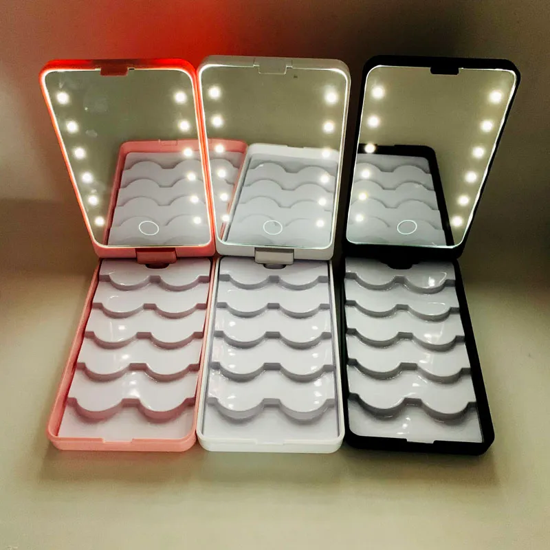 Portable Lady LED Light Makeup Mirror with Eyelashes Case Organizer Folding Touch Screen Mirrors 5 paires Lashes Tray Storage Box 12 LEDs lamp Travel Make up tools