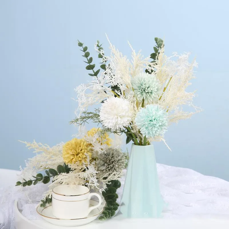 Decorative Flowers & Wreaths White Artificial High Quality Silk Dandelion Plastic Eucalyptus Hybrid Bouquet Wedding Home Decoration Fake