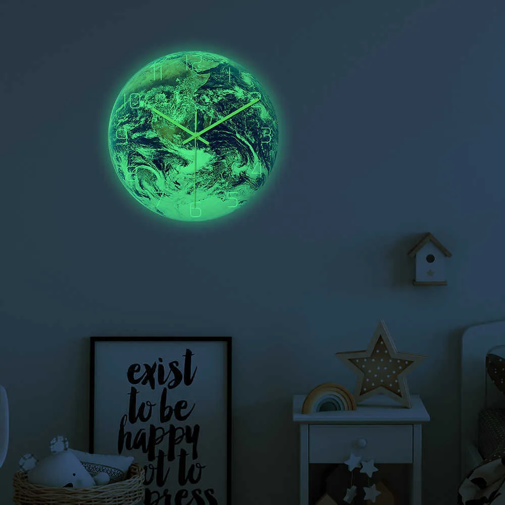 Luminous Earth Digital Wall Clock for Home Decor Living Room Bedroom Round Art Quartz Watch Acrylic Fluorescent Decoration Clock 210930