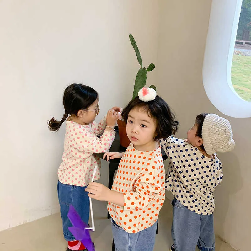 Wiosna Letnie Dzieci Chłopcy Dziewczęta Cute Dot Drukuj Koszulki Koreański Styl Dziecko O-Neck Z Długim Rękawem Loose Tee Tops Odzież 210615