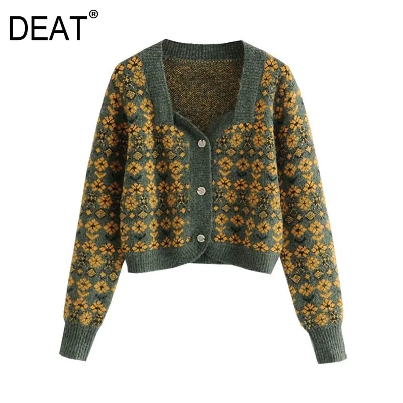 [DEAT] Fashion Spring Autumn Square Collar Långärmad Jacquard Single-breasted Stickning Cardigan Sweater 13c204 210527