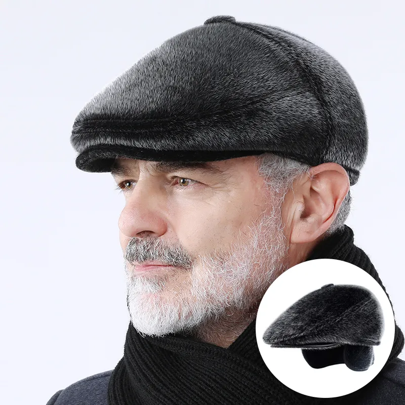 Winter Faux Päls Driving Men's Newsboy Cap med öronflikar BERET DAD HAT FÖR ELDERLIG FLAT VISOR CAP Vinter Varma hattar för gamla män