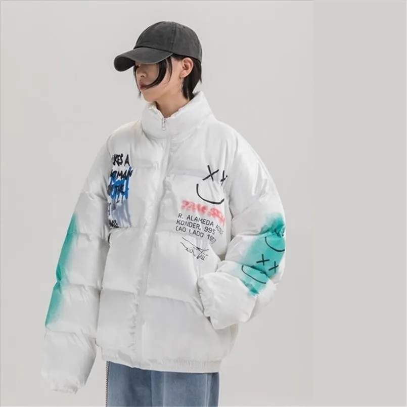 Хип-хоп Толстая куртка Parka Happy Graffiti Print Men Windbreaker Streetwear With Harajuku Winter мягкий куртка Пальто Теплый Wearwear 2111129