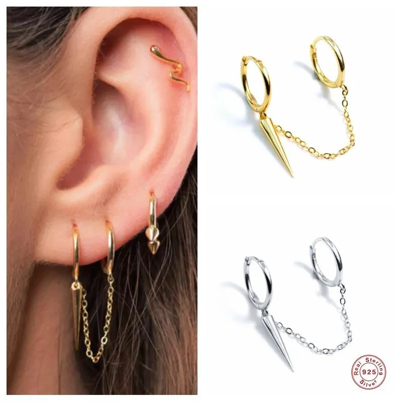 Hoop & Huggie GS 925 Sterling Silver Jewelry Earrings Women Chain Double Wear Tapered Pendant Earring Kolczyki Damskie 1PC