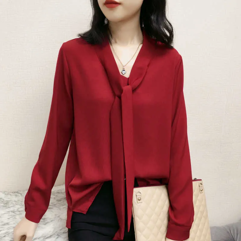 Мода женщина блузки лук с v-образным вырезом офисные дамы вершины с длинным рукавом красный шифон блузка женские топы женские топы и блузки C256 210602