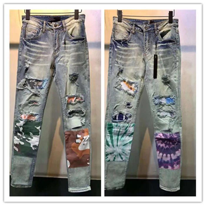 Luxurys Designer Męskie Dżinsy Moda Am-Typ Casual Kamuflaż Patch Skinny Stretch Mężczyźni Jean Pencil Ripped Holes Hip Hop Zipper Denim Motocykl Biker Spodnie W28-W40