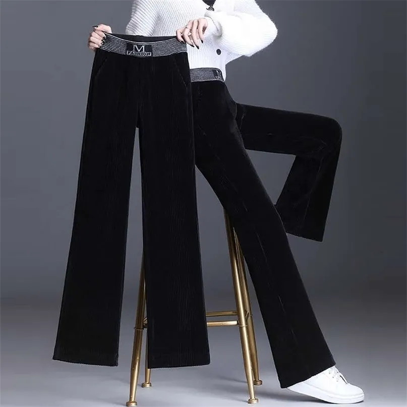 Corduroy Wide Leg Pants Women Casual Loose Trousers Elastic High Waist Print Straight Autumn Winter Warm Plus Size 211115