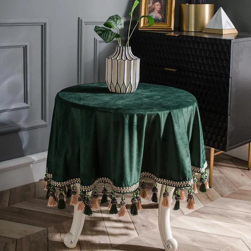 Curtain & Drapes Tablecloth Fabric Round Table Tassel American Dutch Velvet Dark Green Large Light Luxury Coffee Custom