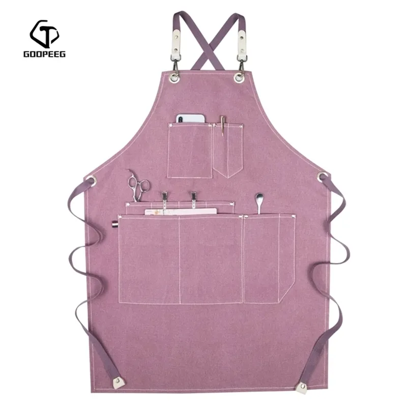 GOOPEEG summer canvas work apron denim Korean version hairdressing hairdresser floral barista custom waist 210629