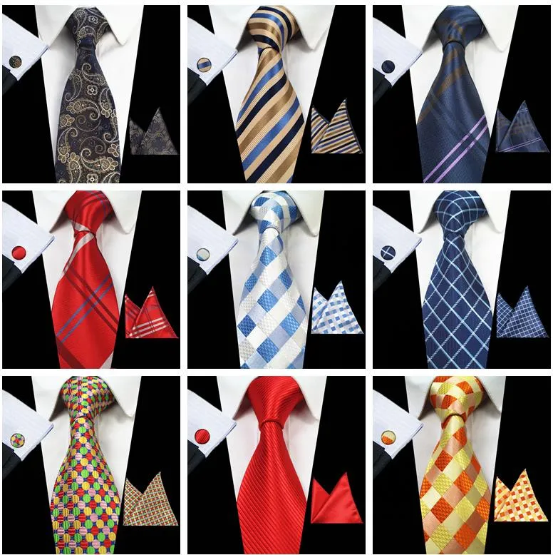 Klasyczne męskie krawaty zestawy 51 Design 100% Silk Neck Krawat Hanky ​​Cufflink 8 CM Plaid Striped TFor Men Formalna Business Wedding Party