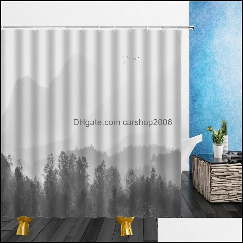 Natural Landscape Shower Curtains Winter Mountain Water Fog Tree 3D Print Bathroom Home Decor Waterproof Polyester Cloth Curtain