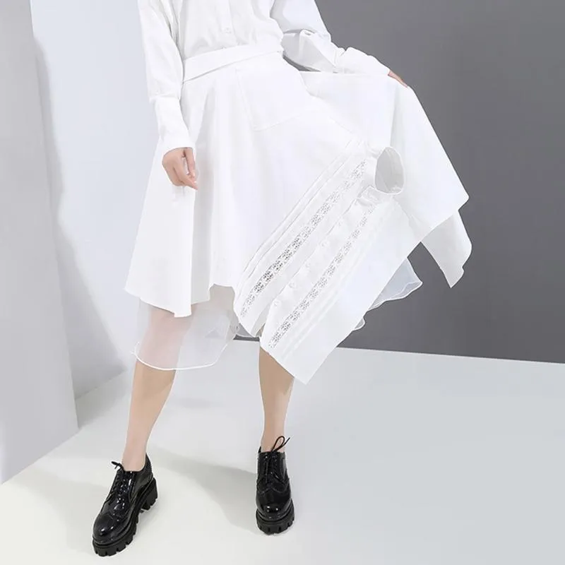 Skirts Women Asymmetric Mesh High Waist Midi Skirt White Fashion Korean Cute Harajuku Irregular Lace Summer Ladies 2021