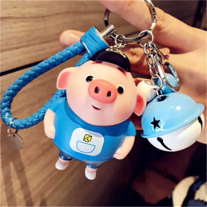 Cute Cartoon 3D Pig Keychain Kawaii Animal Bag Pendant Boy Girl Men Women Friends PVC Hand Rope Bell Key Chain Gift Accessories G1019