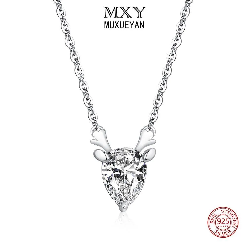 925 Sterling Silver Christmas deer Pendants Necklaces for women zircon neck Chain fine Jewelry gifts MUXUEYAN Q0531