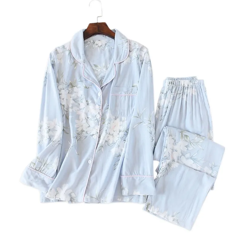 Sommerfrische Blumen-Pyjama-Sets für Damen, gemütliche Nachtwäsche aus 100 % Viskose, langärmelige Qualitäts-Pyjamas für Damen, Homewear 211112