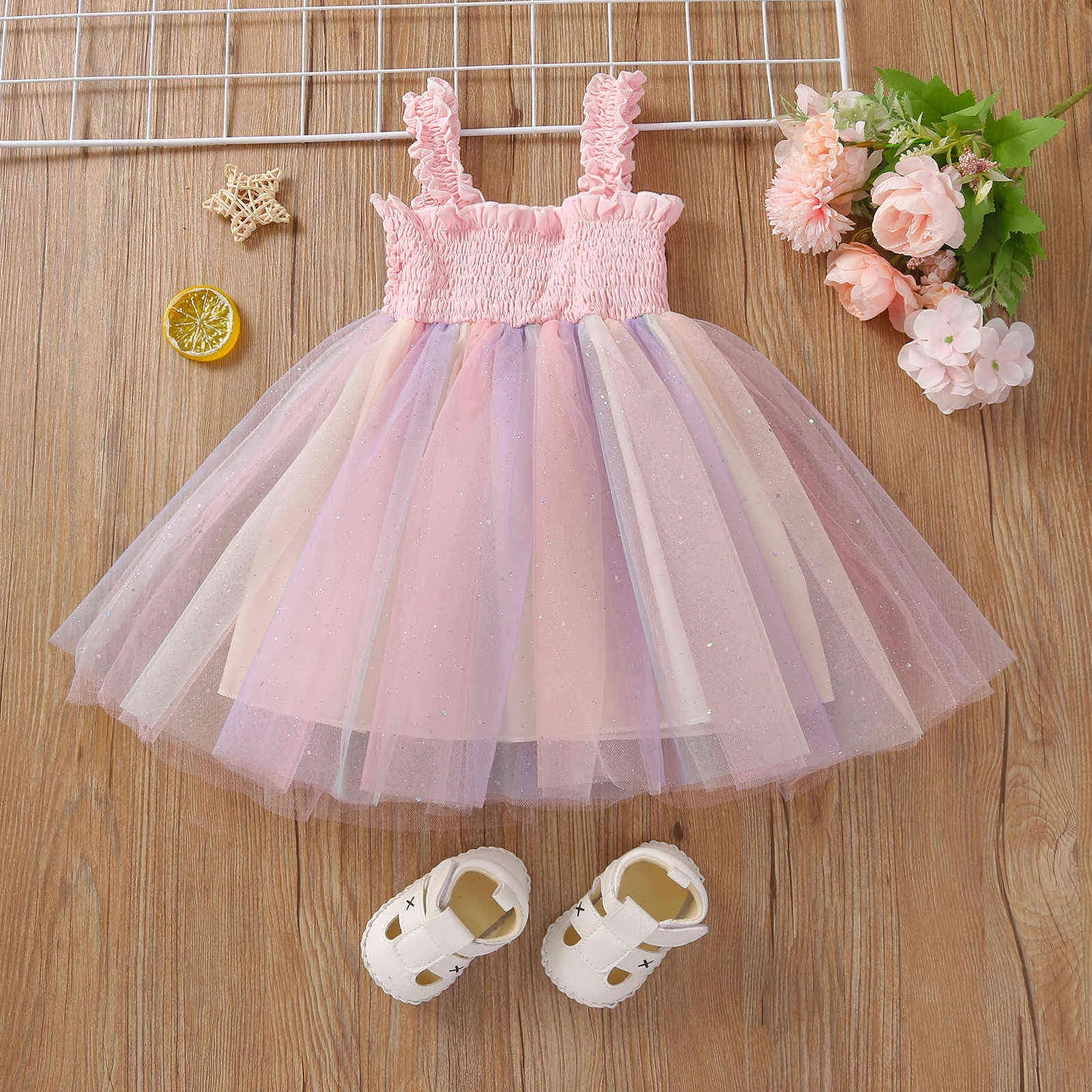 FocusNorm 0-5y Summer Princess Baby Girls Dress Rainbow Tryckt Lace Patchwork Ärmlös Tutu Sundress Q0716