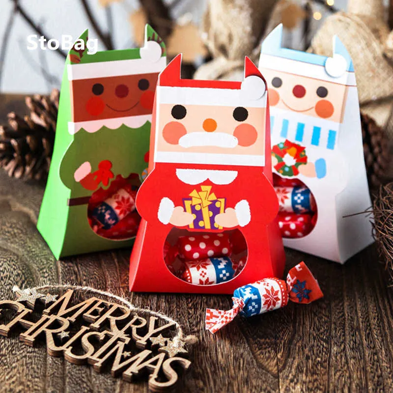 StoBag 20pcs Merry Christmas Santa Claus DIY Handmade Gift Cake Candy Decoration Snack Chocolate Holders Packing Party Favor 210602