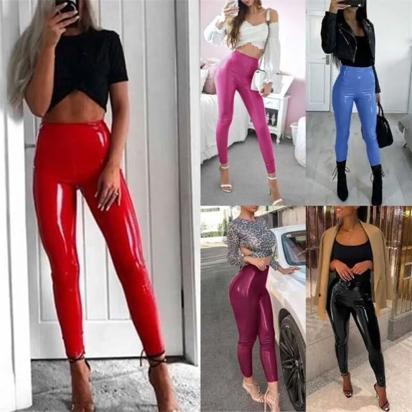 Sexiga kvinnor gotiska leggings våt look pu läder svart smal tunna långa byxor damer skinny stretchy plus storlek 211204