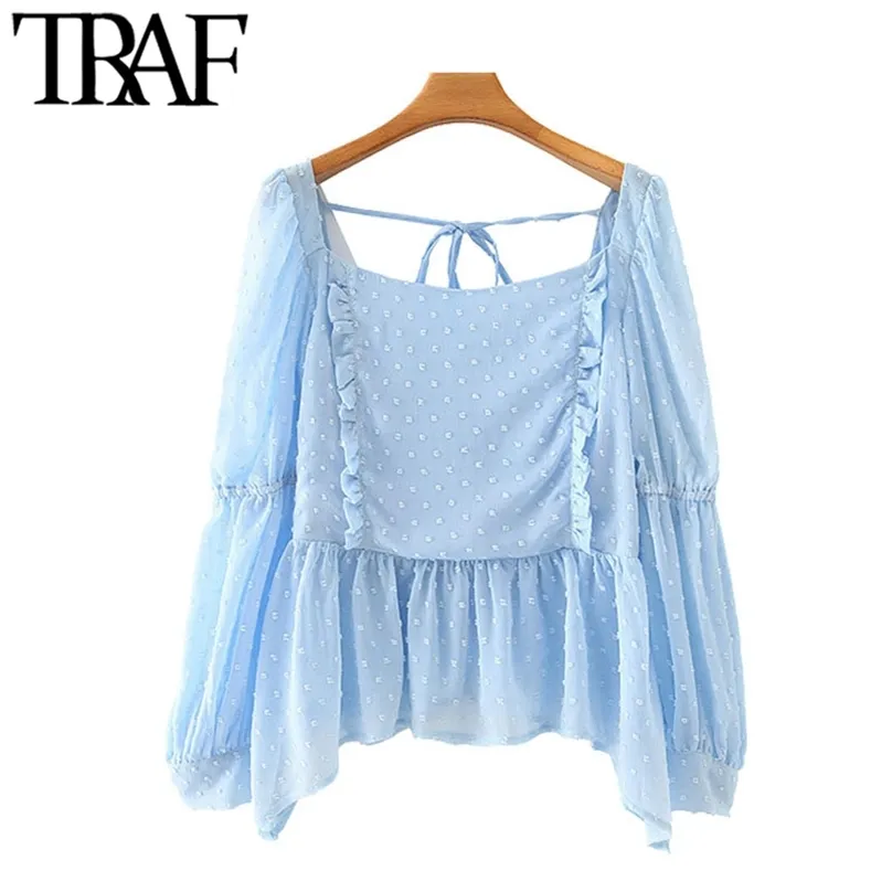 TRAF Kadınlar Tatlı Moda Ruffles Nokta Şifon Bluzlar Vintage Uzun Kollu Geri Elastik Dantel-up Kadın Gömlek Chic Tops 210719