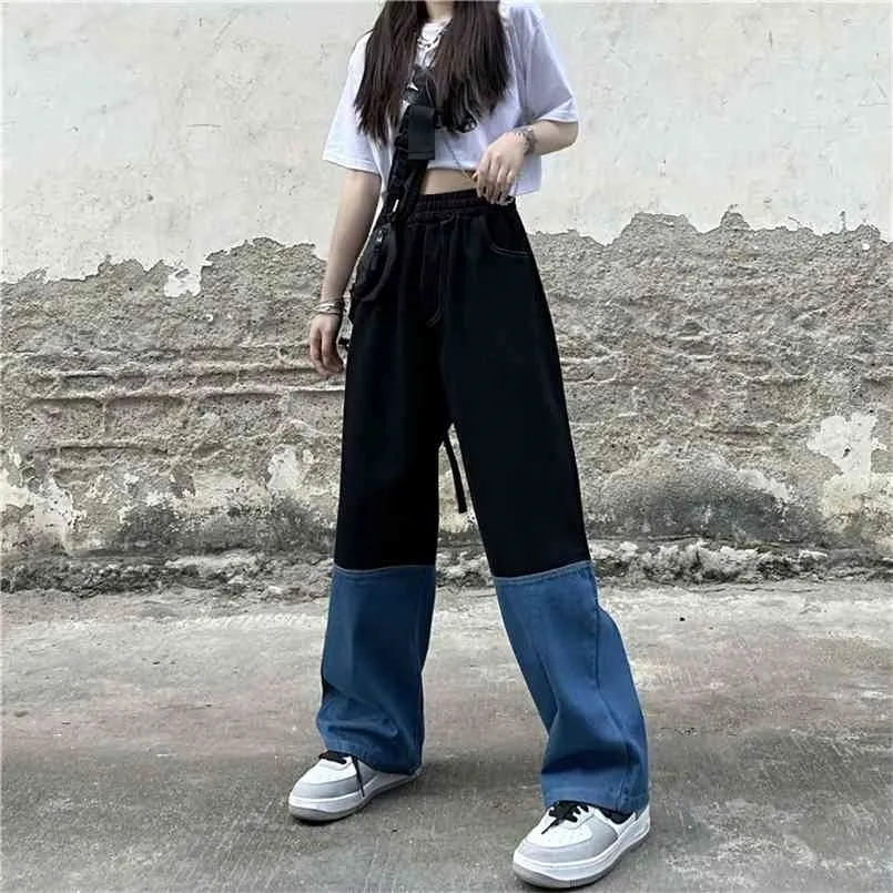 Jeans pour femmes Y2K Streetwear Vintage élastique taille haute jambe large pantalon Harajuku épissage droit Baggy Denim pantalon 210809