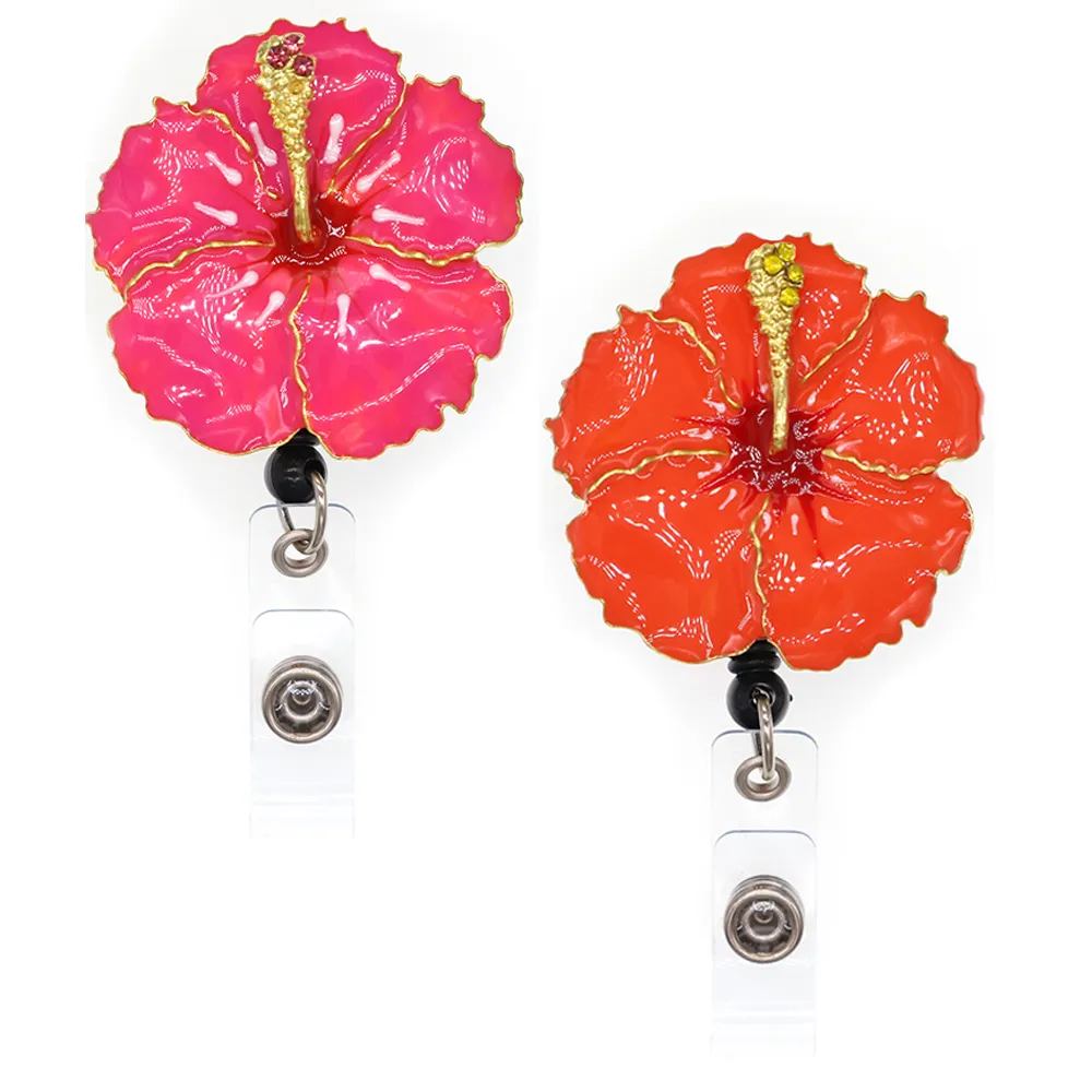 Schlüsselanhänger Neuankömmling Modeschmuck Emaille Hawaiianische Hibiskusblume ID Abzeichen Reel Namenskartenhalter