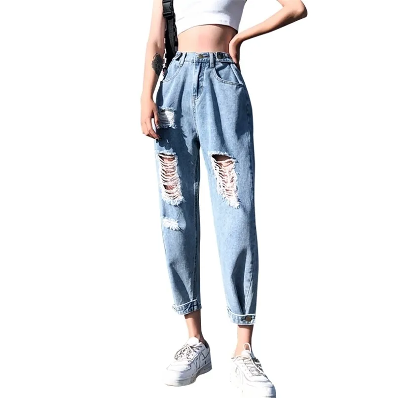 Корея мода винтаж сорванный парень джинсы для женщин высокая талия синий плюс размер 4XL 5XL Pantalones 2111129