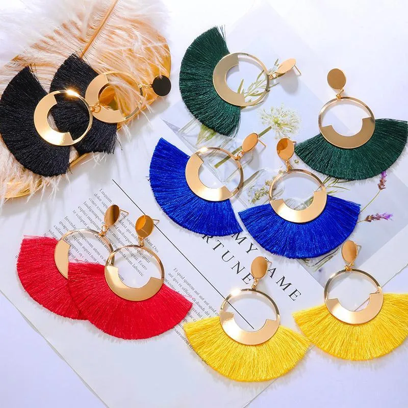 Dangle & Chandelier BICUX Statement Bohemian Tassel Big Drop Earrings For Women Cotton Fabric Fringe Round 2022 Vintage Jewelry