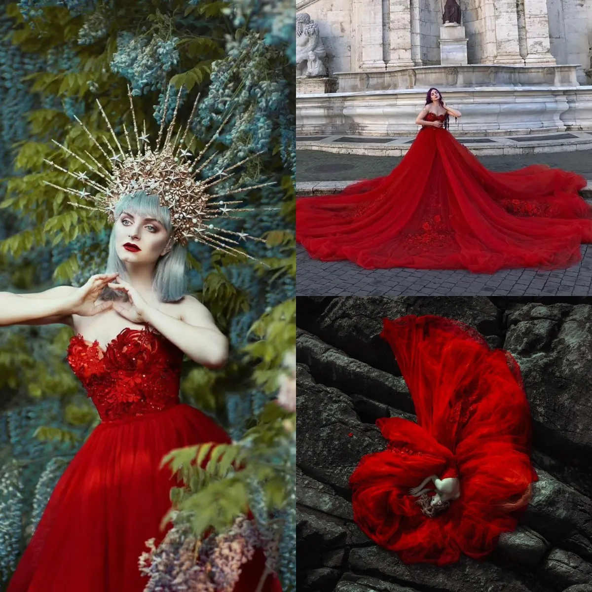 Atemberaubendes rotes Ballkleid, Couture-Korsett-Ballkleid mit langer Schleppe für Fotoshootings, trägerlose herzförmige Abendkleider