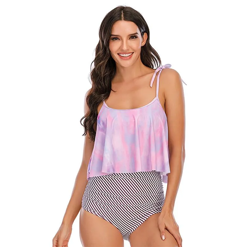 Kvinnors badkläder Riseado Hög midja Kvinnor Bikini 2021 Baddräkt Leaf Print Set Ruffle Biquini Tropical Beach Wear Plus Storlek XXL