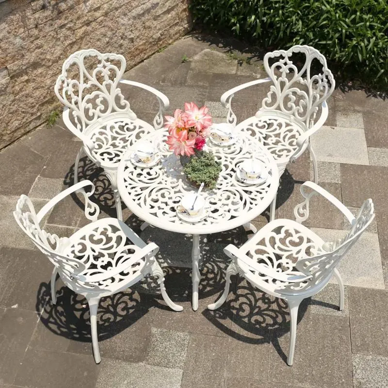L￤germ￶bler utomhusgjutna aluminiumbord och stolar Courtyard Garden El Urniture Terrace Combination Leisure Metal Round Patio Table