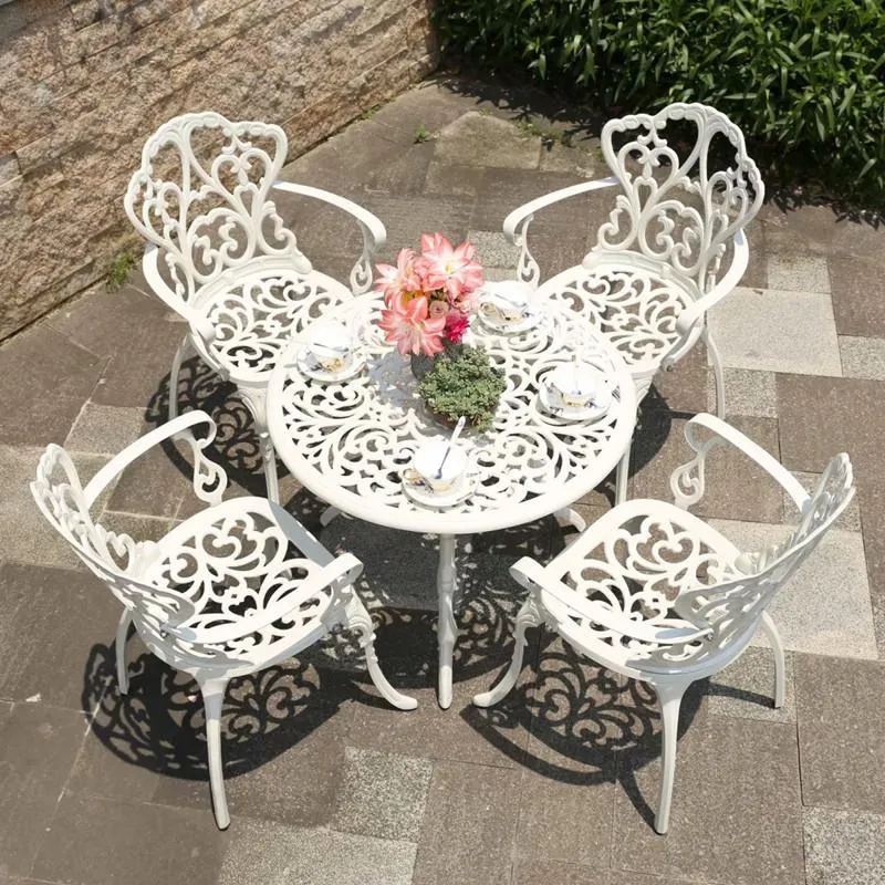 Camp Furniture Outdoor Cast aluminium tafels en stoelen Courtyard Garden el urniture terras combinatie vrijetijds met metalen ronde patio tafel