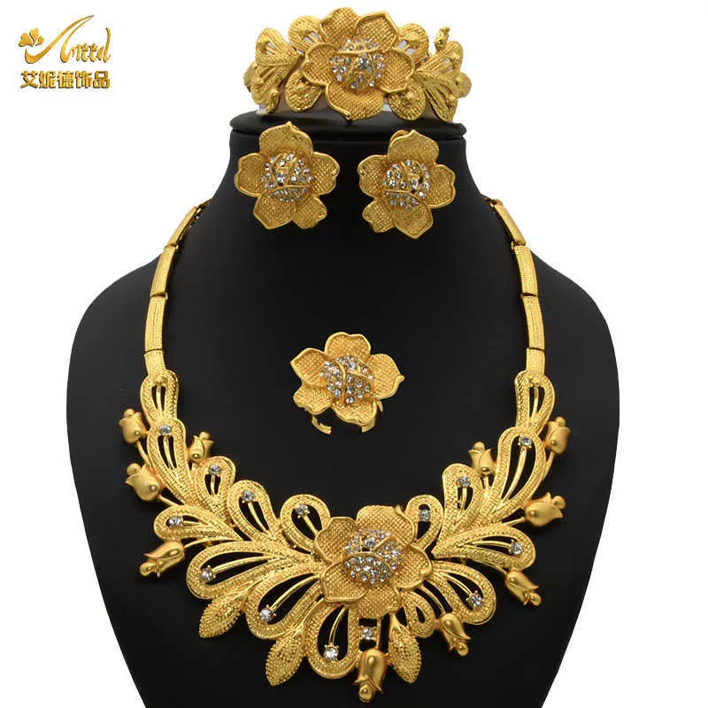 Conjuntos de collar nupcial Pendientes para mujer Conjunto de joyería india Anillos de oro Pulsera africana 4 piezas Accesorios Boda Dama de honor Regalo H1022