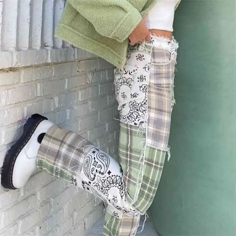 WAATFAAK Streetwear E-Girl Patchwork Jean Cargo Green Pants Mom Y2K Baggy Grafisch Dambord 90s Jean Denim 210809