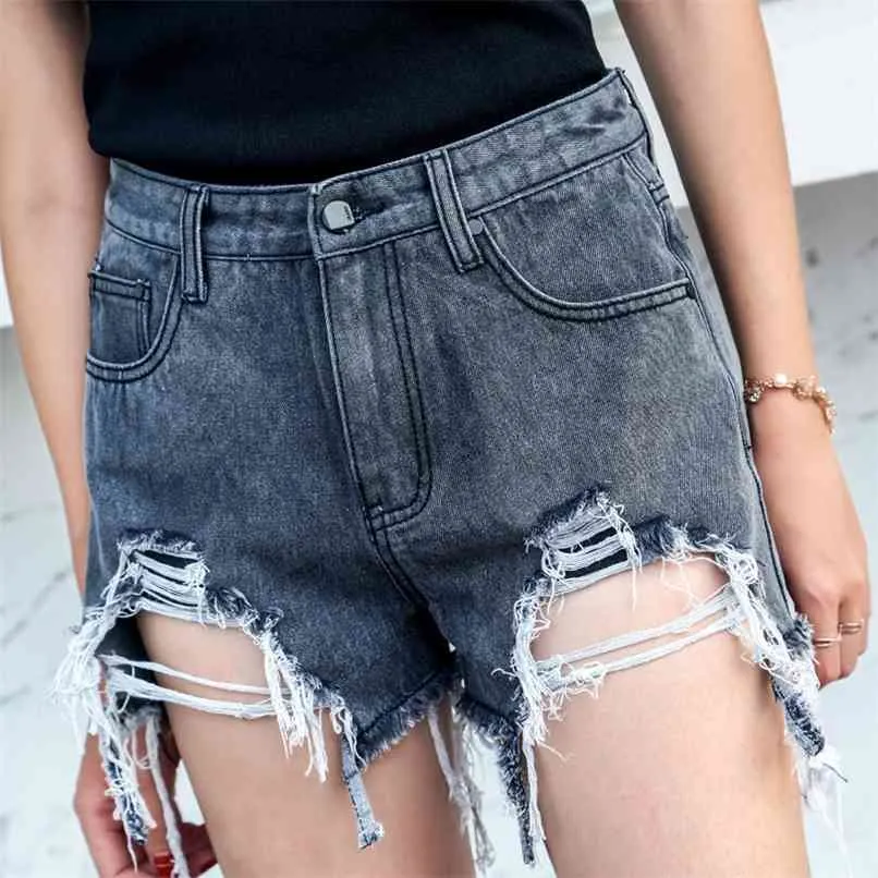 Vintage Ripped Jeans Shorts Kvinnor Sommarstrand Denim Trouser Plus High Waist Hollow Sexig Kort Jeans Talle Alto Vliegenverjager 210601