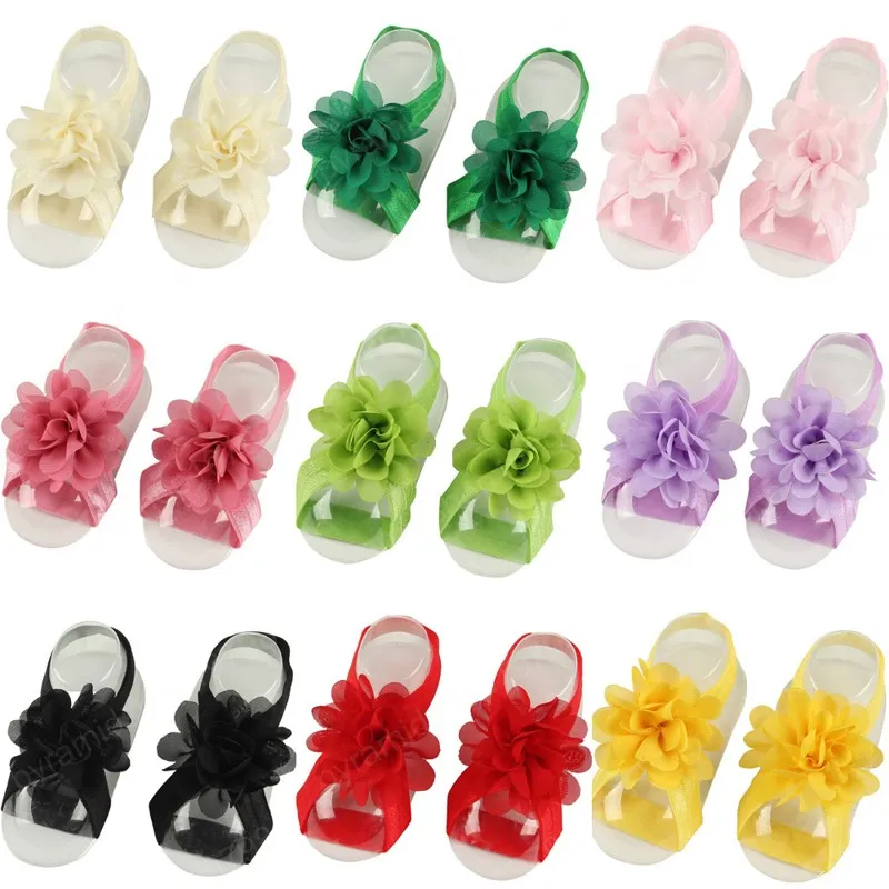 Solid Color Handmade Chiffon Flowers Infant First Walkers Barefoots Sandals DIY Children Accessories Newborn Photography Props Birthday Gifts