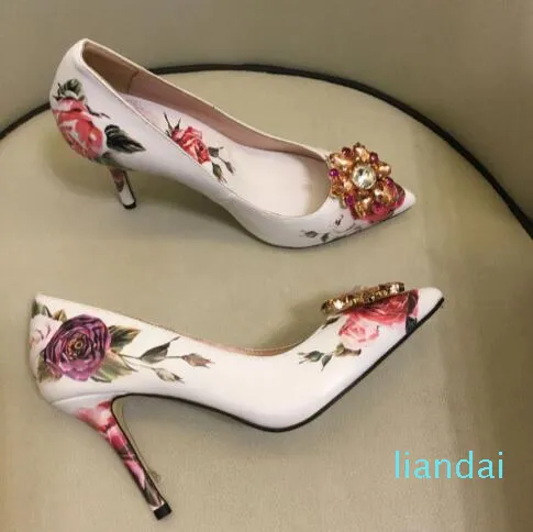 Novedad de verano, zapatos de tacón alto con estampado de piel de oveja, zapatos de tacón fino con punta de flor de taladro de agua para mujer, zapatos de boda con rosas