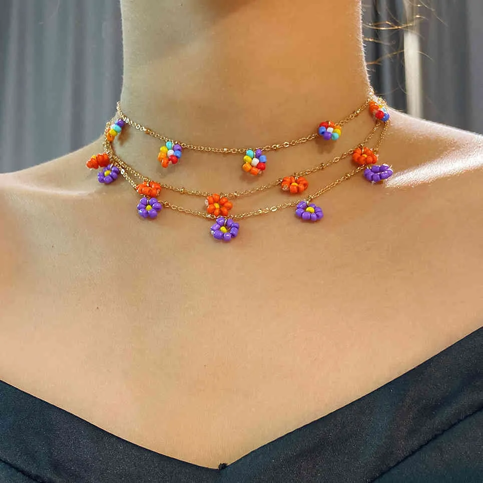 Bohemia rijst neckalce kleurrijke kralen bloem kwastje pedant ketting voor vrouwen goth metalen kettingen choker verse sleutelbeen ketting