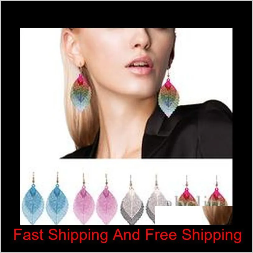 fashion luxury boho double color leaf dangle earrings big pink rainbow leaves long tassels drop earring for women jewelry
