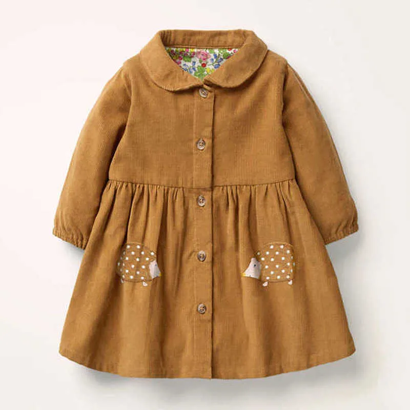 Little Maven New Spring Autumn Kids Brown Corduroy Peter Pan Applique hedgehog Girls 2-7yrs Full-sleeved Cotton Knitted Dresses Q0716