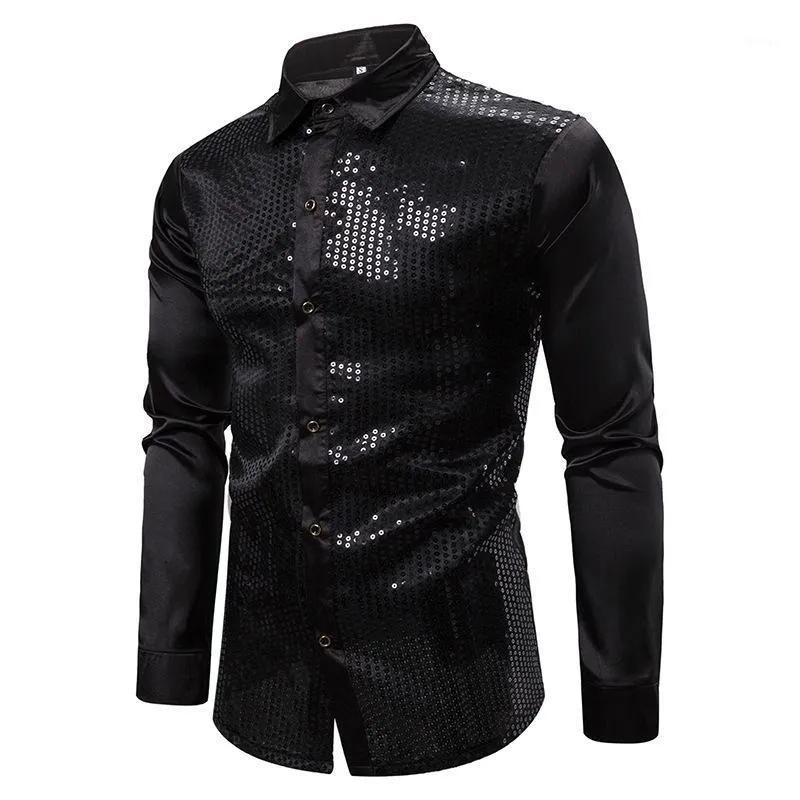 Heren Zwart Lange Mouw Button Down Jurk Shirts 2020 Shiny Sequin Silk Satin Shirt Heren Business Party Shirt Male Chemise Homme1