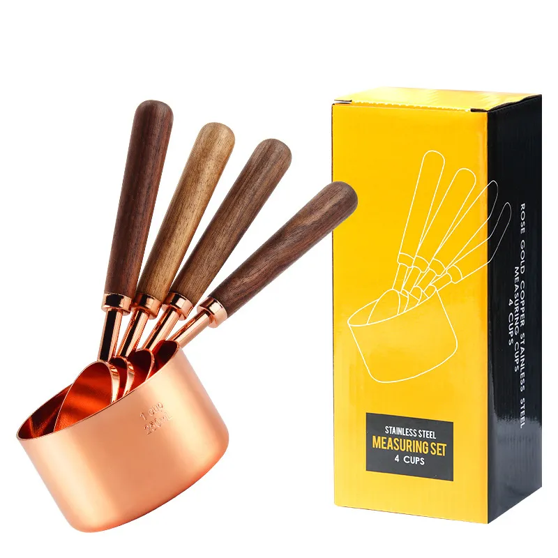 Rose Gold Measuring Cups And Spoons Set With Wooden Handles Kitchen ...