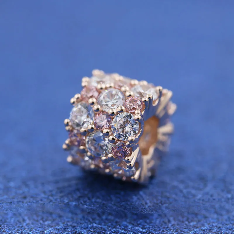 925 Sterling Silver Rose Gold Plated Pink Clear Sparkle Charm Bead Pour Bracelets De Bijoux De Style Pandora Européen