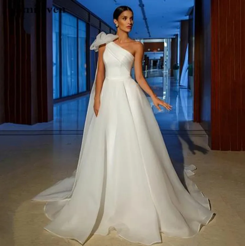 2022 Elegant Ivory One Shoulder Organza One Shoulder Wedding Dress with Bow Tie - A-Line Bridal Gown