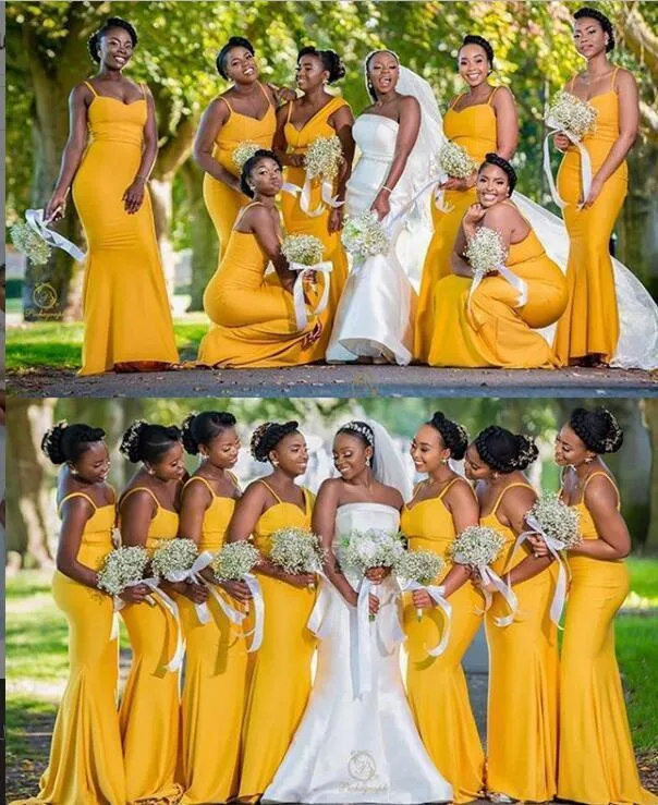 2021 Mermaid Yellow Druhna Dresses Afryki Letni Ogród Ogród Wieś Spaghetti Paski Wedding Party Maid of Honor Gowns Plus Size Custom Made Elastic Satin