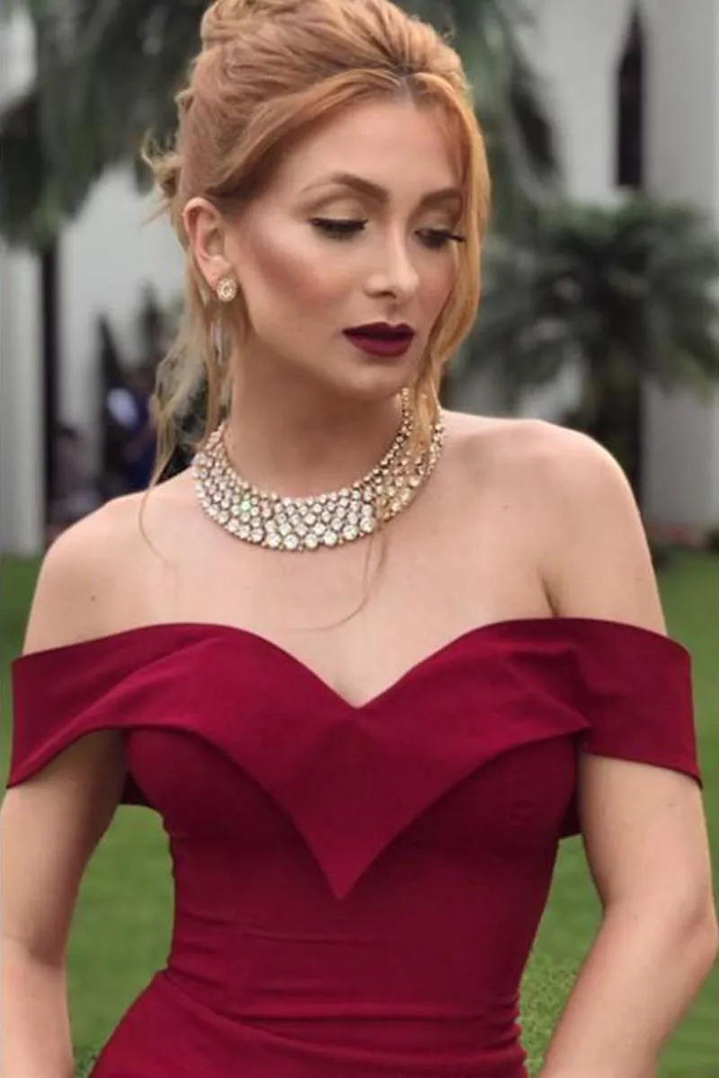 Burgundy Satin Off-Shoulder Mermaid Evening Dress with Zipper Backless and  Sweep Train from Dhgate Evening Dresses - price 110.56