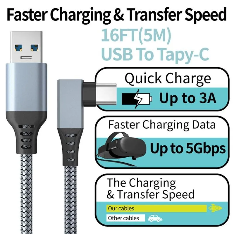 10ft / 16ft / 20ft USB För att skriva C-kabel Nylon flätad 90 grad 60W 3A 5GBPS USB Typ C 3.1 Gen2 Kabel för MacBook Oculus Quest 2 Huawei P40 Xiaomi