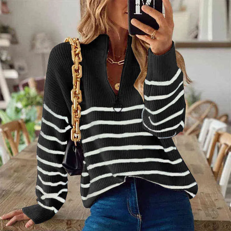 Autumn Winter Women Casual Long Sleeve Striped Patchwork Jumpers Ladies Loose Knitted Sweaters Fashion Zip V Neck Tops Pullover 211109 From Kong003 24.7 DHgate.Com